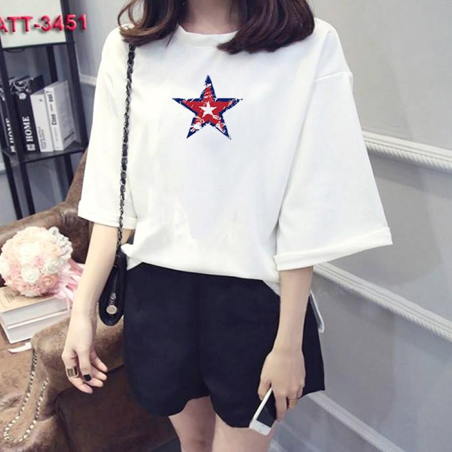 Áo thun nữ tay lỡ Hàn Quốc form rộng in hình ngôi sao 5 cánh vài dày mịn TEEWOTL5