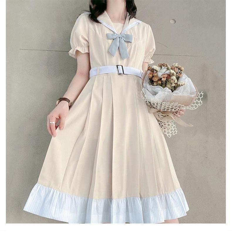Đầm Chữ A Tay Ngắn Cổ Thủy Thủ Dáng Rộng Phong Cách Hàn Quốc Thời Trang Mùa Hè Xinh Xắn Cho Nữ