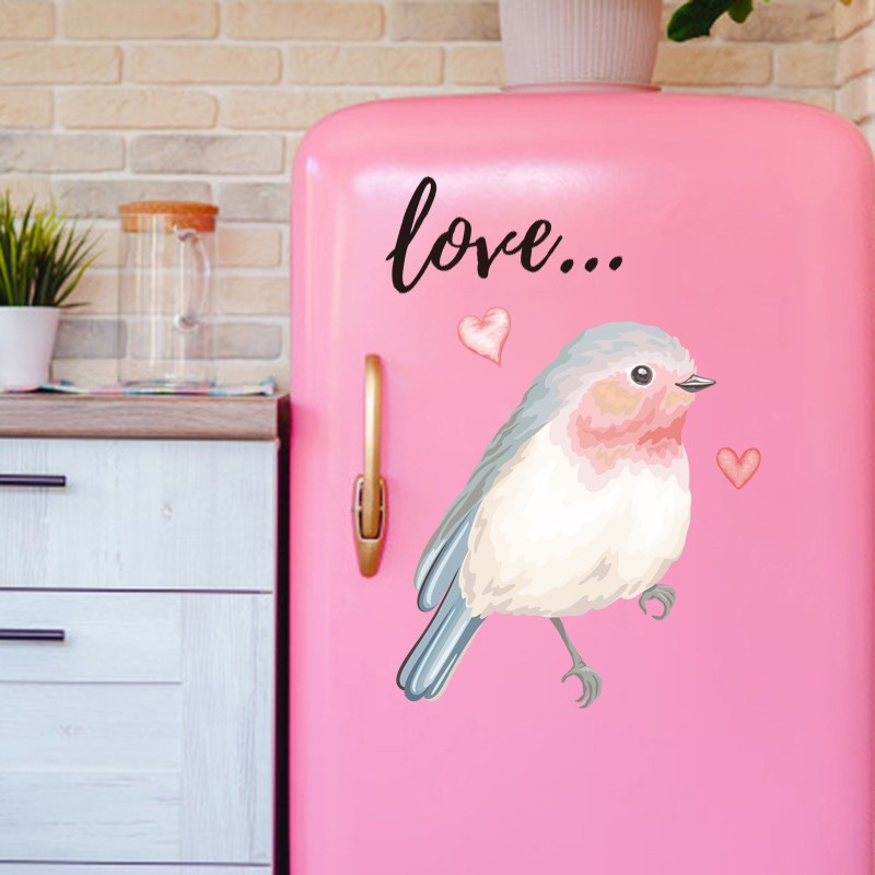 Decal trang trí tường - Tranh vẽ Chim Hồng nhạt chữ Love dễ thương