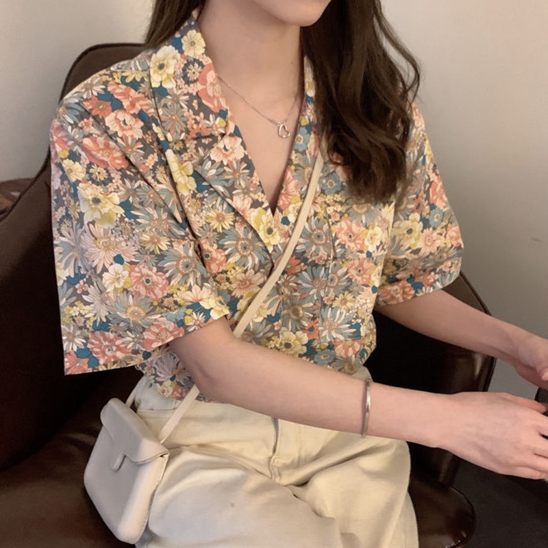 Áo Sơ Mi Hoa Tay Ngắn 178544 Áo Sơ Mi Dáng Rộng Phong Cách Retro Hợp Thời Trang Dễ Phối Đồ