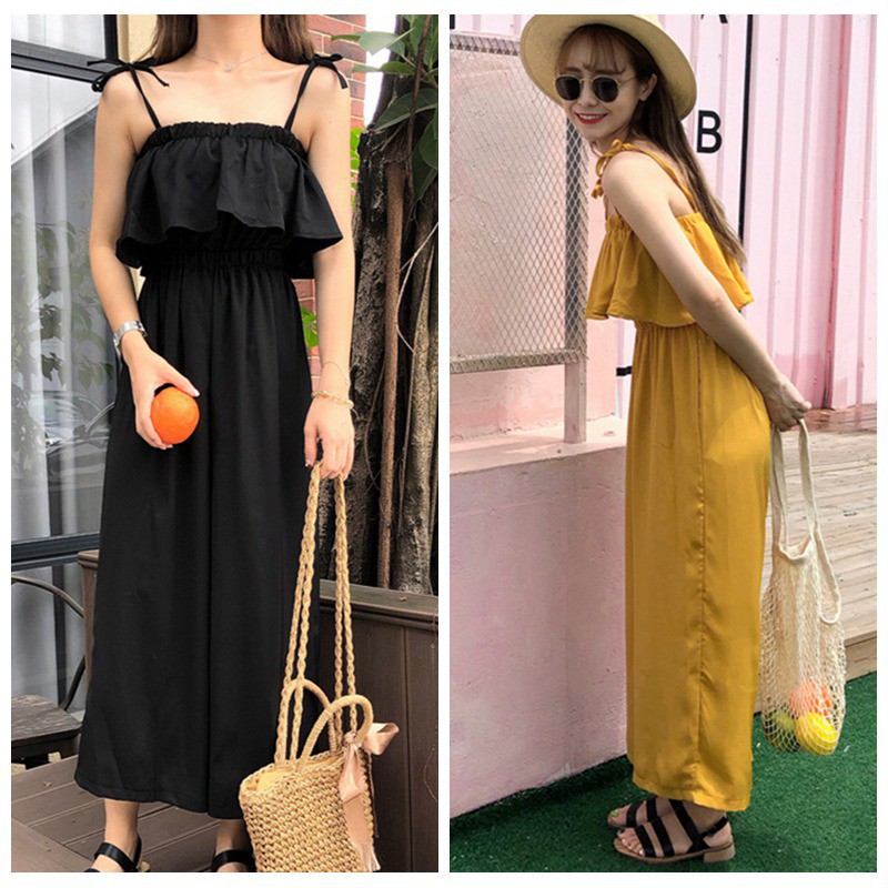 Jumpsuit trễ vai hai dây ống rộng cho nữ