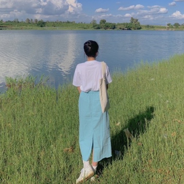 Chân váy dài kaki màu xanh dương . nhacuapom