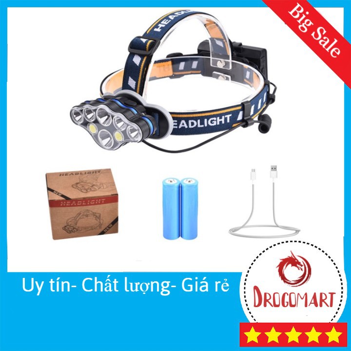 Đèn Pin Đội Đầu Đeo Trán 8 Bóng T6 Siêu Sáng Kèm Pin Sạc