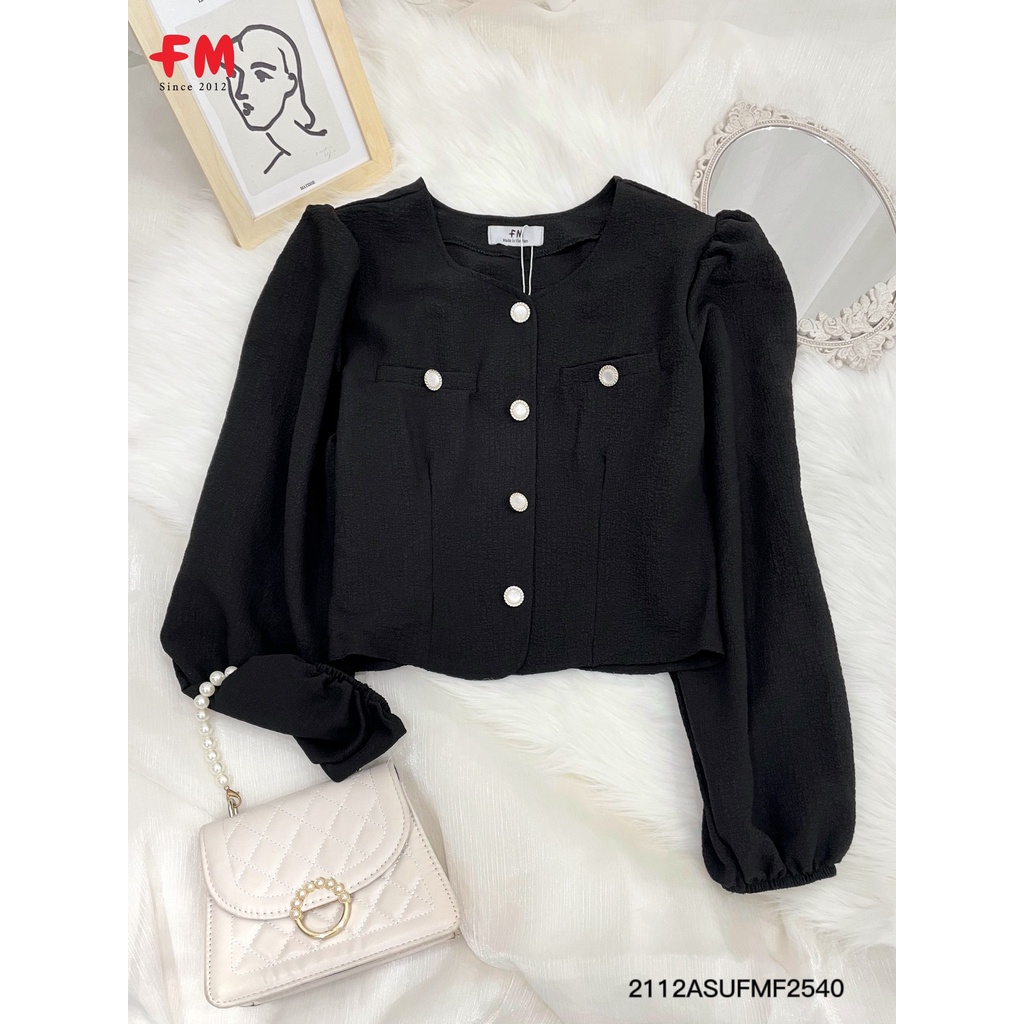 Áo Xốp Kiểu Tay Dài Phối Nút I Áo Kiểu Vuông Cổ Phối Nút Tiểu Thư Thương Hiệu FM STYLE 211225405