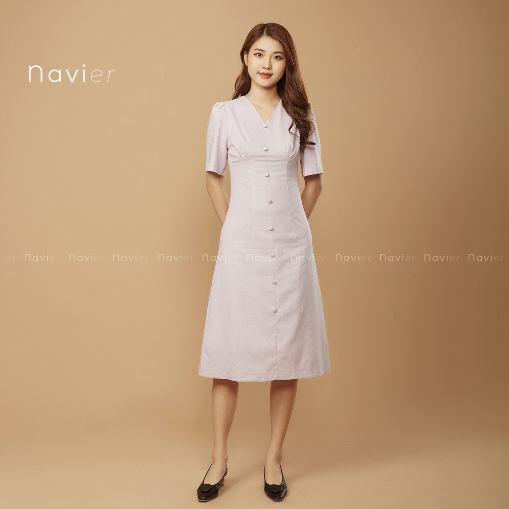 ĐẦM DÀI TAY PHỒNG DÁNG ÔM - VÁY THIẾT KẾ CỔ V CÔNG SỞ ĐI CHƠI DỰ TIỆC LINEN DRESS D03 NAVIER