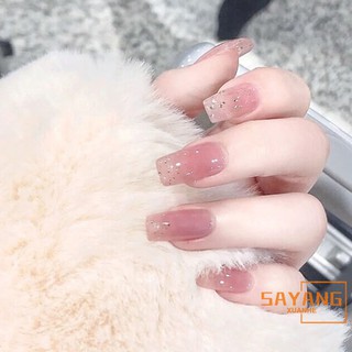 ☆Sayang Áo khoác☆ Set 24 móng tay giả màu hồng lấp lánh thời trang cho nữ