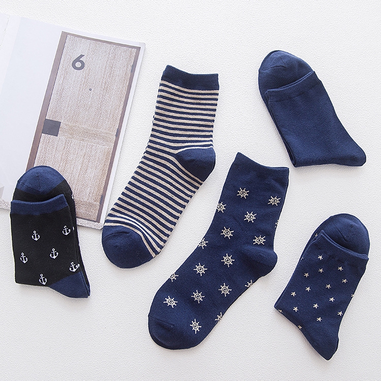 5 Đôi vớ cotton nam cổ cao màu xanh navy màu trơn kẻ sọc thời trang mùa xuân