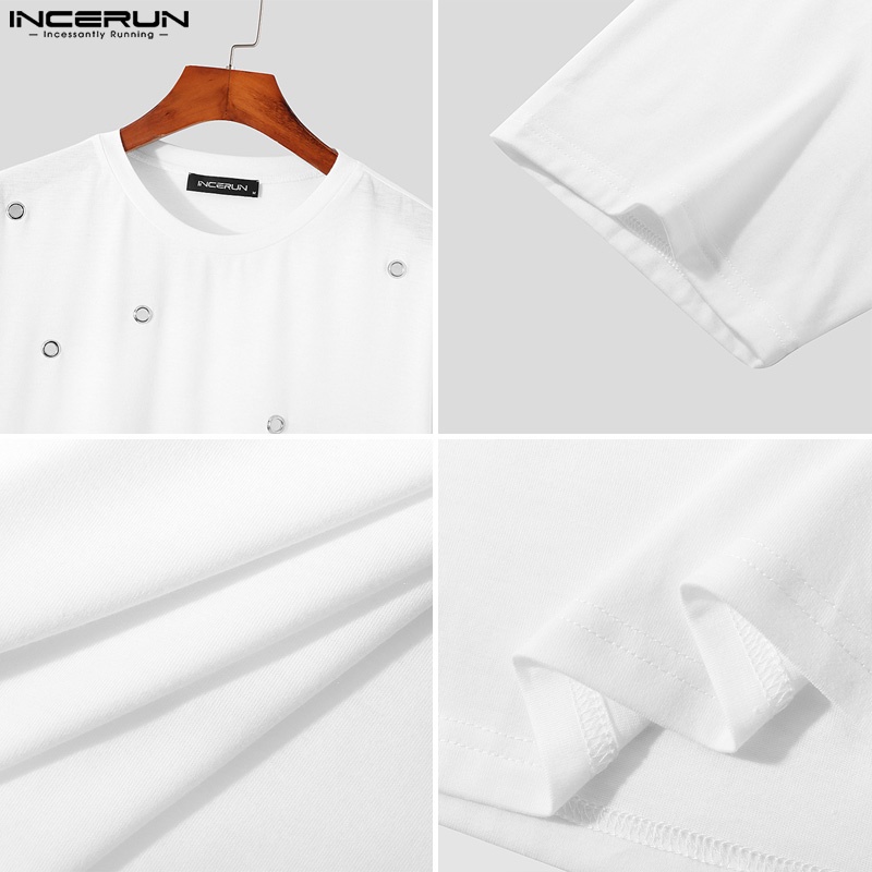 INCERUN Áo Thun Tay Ngắn Cổ Tròn Màu Trắng Thiết Kế Đơn Giản Thời Trang Dành Cho Nam