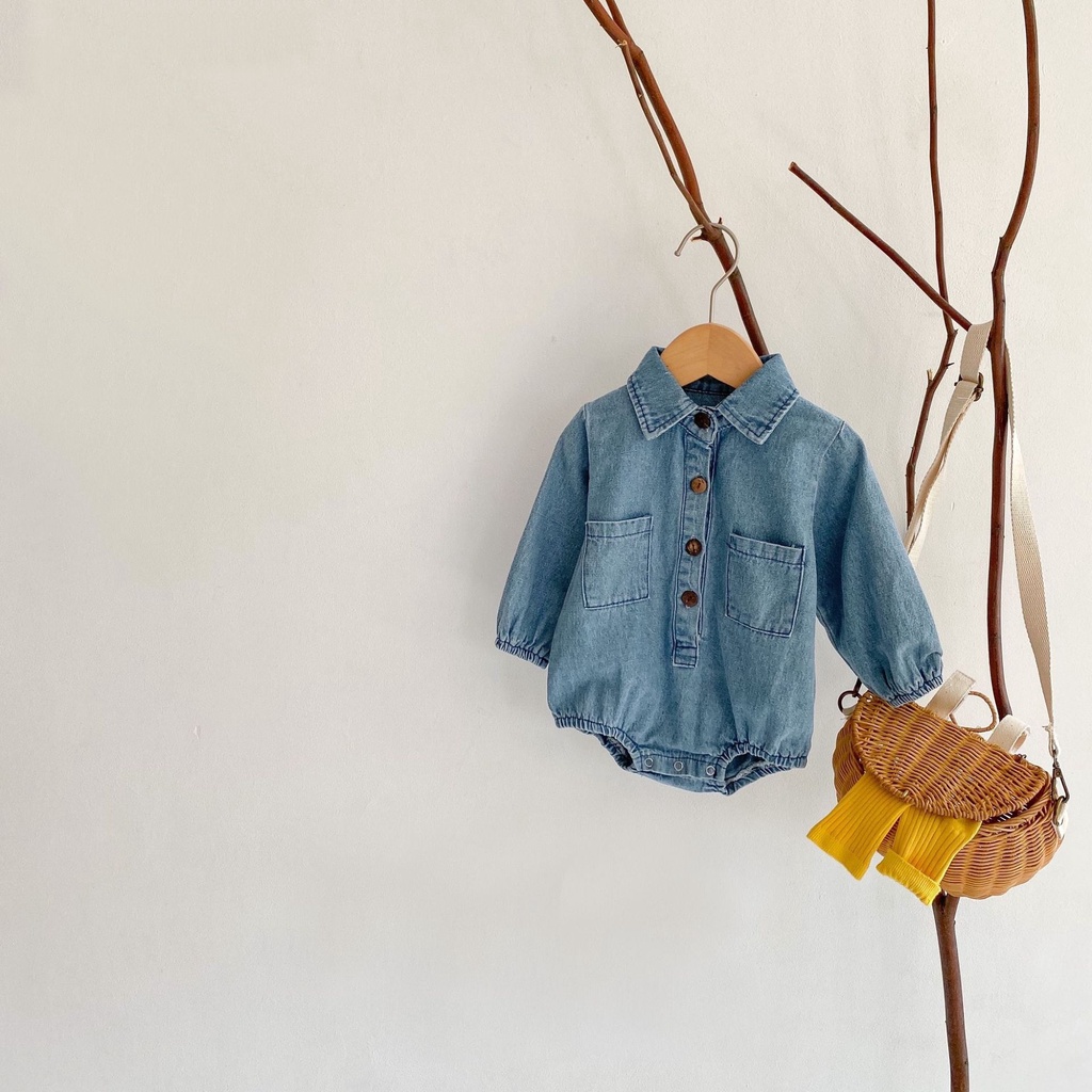 Bộ Áo Liền Quần Tay Dài Chất Liệu Denim Thời Trang Mùa Xuân 2023 Cho Bé Gái