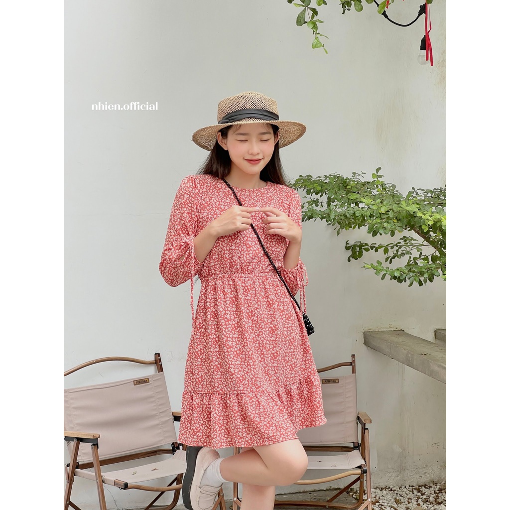 Đầm hoa nhí nữ nơ tay chun eo Nhienvintage BD10