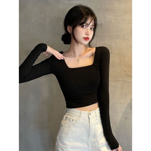 áo cổ vuông tay dài croptop - A4CRTCV - thun co giãn | WebRaoVat - webraovat.net.vn