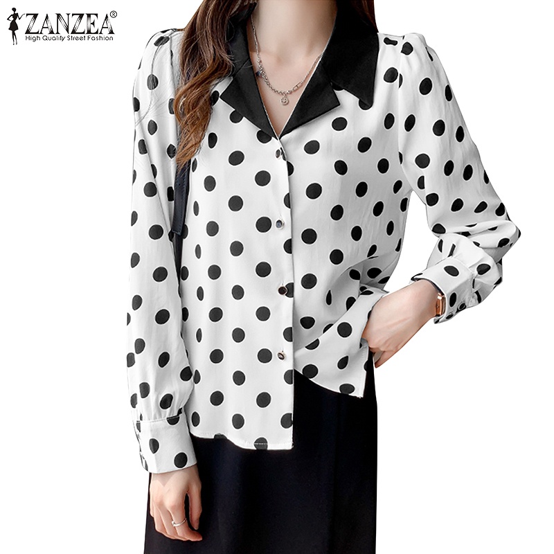 Áo sơ mi ZANZEA tay dài cổ bẻ họa tiết chấm bi phong cách Hàn Quốc thanh lịch dành cho nữ