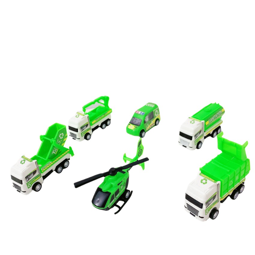 Đồ Chơi Xe Chở Rác Chạy Đà Cót, Gồm 6 Xe Mini Khác Nhau, Màu Xanh Lá Đẹp, Thiết Kế Mô Phỏng Thật