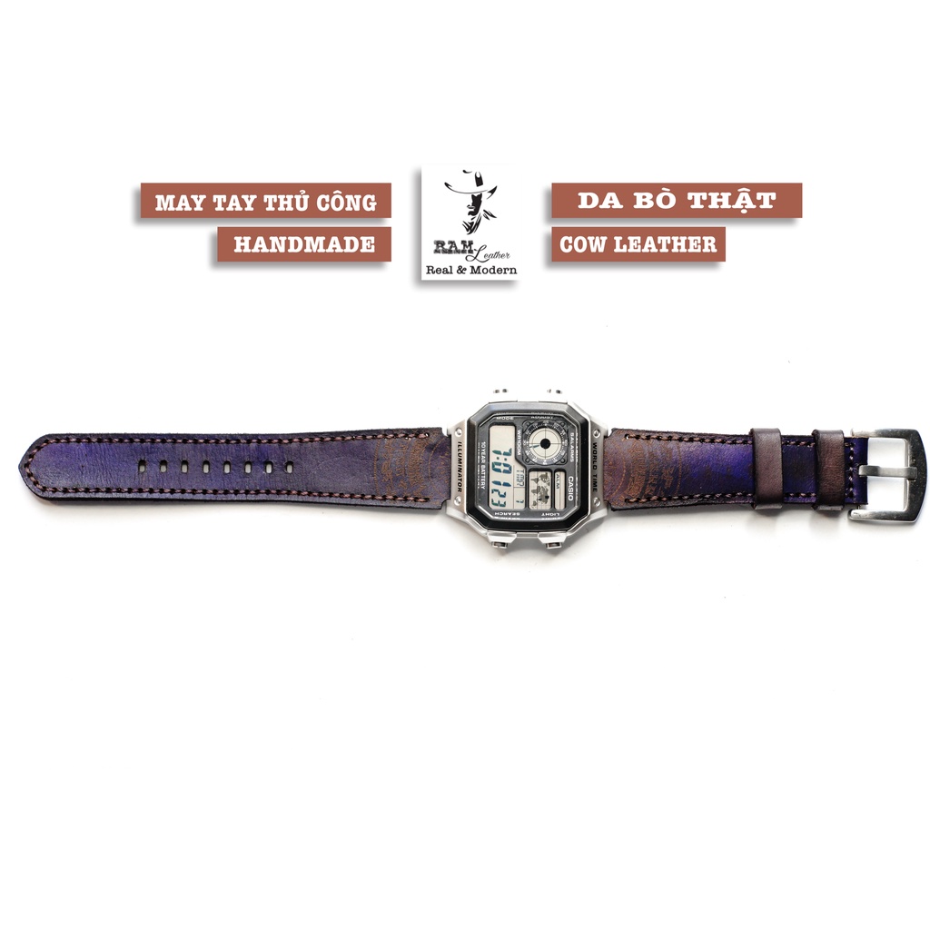 Dây Casio AE 1200 da bò màu tím RAM Leather Violet - tặng khóa chốt và cây thay dây