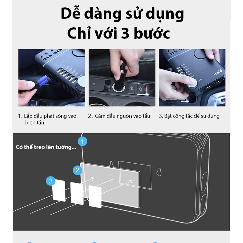 Bộ Biến Tần Ô Tô 12/24V Sang 220V, Bộ Chuyển Đổi Dòng Điện Từ 12V Sang 220 V Công Suất 200W, Hỗ Trợ Sạc Nhanh QC 3.0