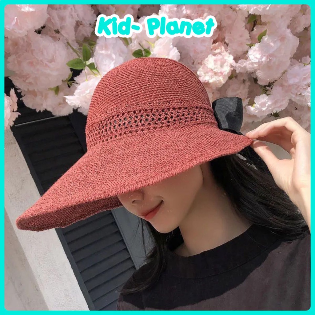 Mũ cói che nắng rộng vành màu trơn cho phụ nữ (N00769)