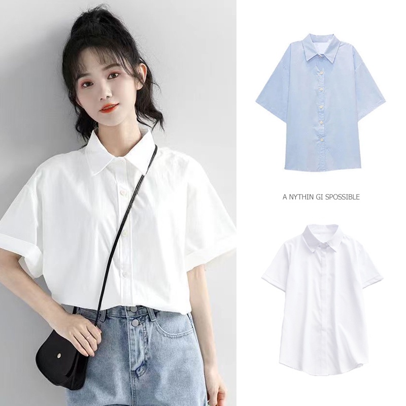 (S ~ L) Áo sơ mi ngắn tay Preppy, Đồng phục học sinh màu trắng cho nữ, phong cách Hàn Quốc không gấp