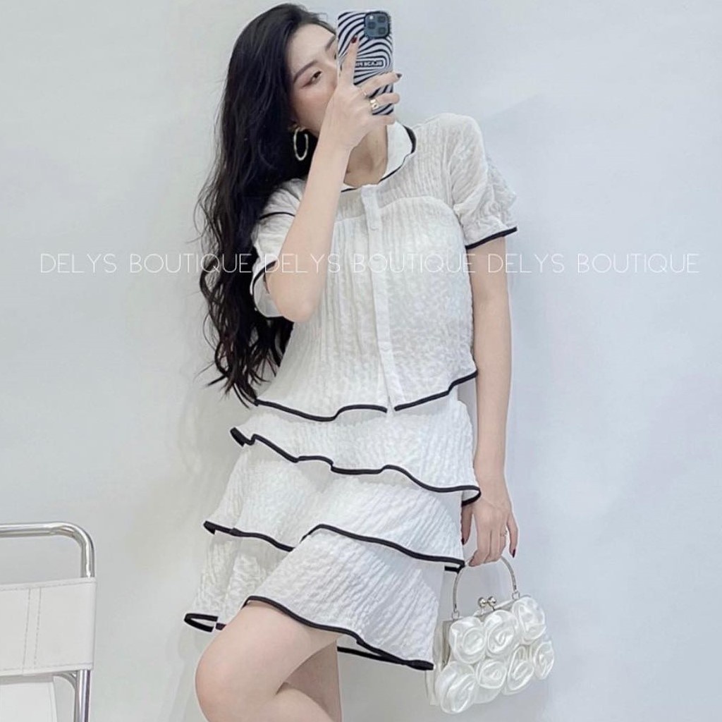Set chân váy áo kiểu Delys chân váy 3 tầng và áo kiểu cổ sơ mi ngắn tay