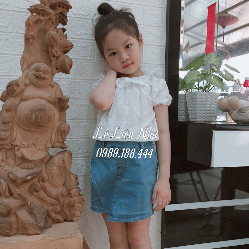 Bộ Aó Sơ Mi Trắng Đục Lỗ Ngắn Tay Quần Bò Gỉa Váy Cho Bé Gái Từ 11 Kg - 25 Kg💖Hàng Cao Cấp💖Chất Liệu Mềm Mát