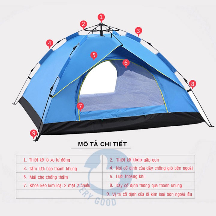 Lều liều picnic dã ngoại cắm trại du lịch đi phượt tự bung bật tự động cỡ lớn size đủ cho 3-4 người (200*200*145cm)