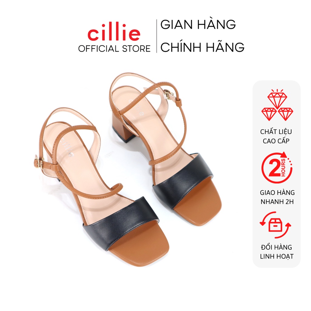 Giày sandal cao gót nữ mũi vuông phối màu lạ mắt gót vuông cao 5cm Cillie 1014