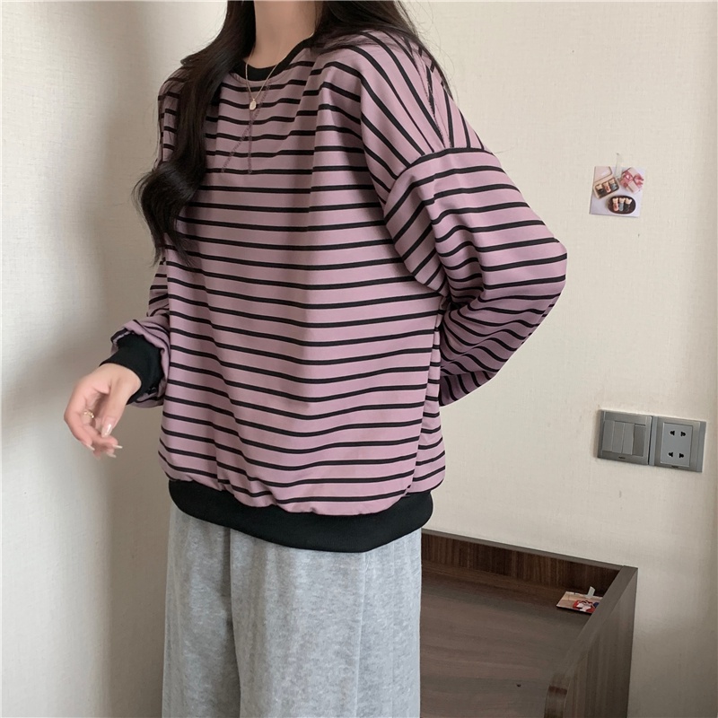 Áo Thun Lửng Dài Tay Cổ Tròn Sọc Ngang Thời Trang Mùa Thu Hàn Quốc Mới