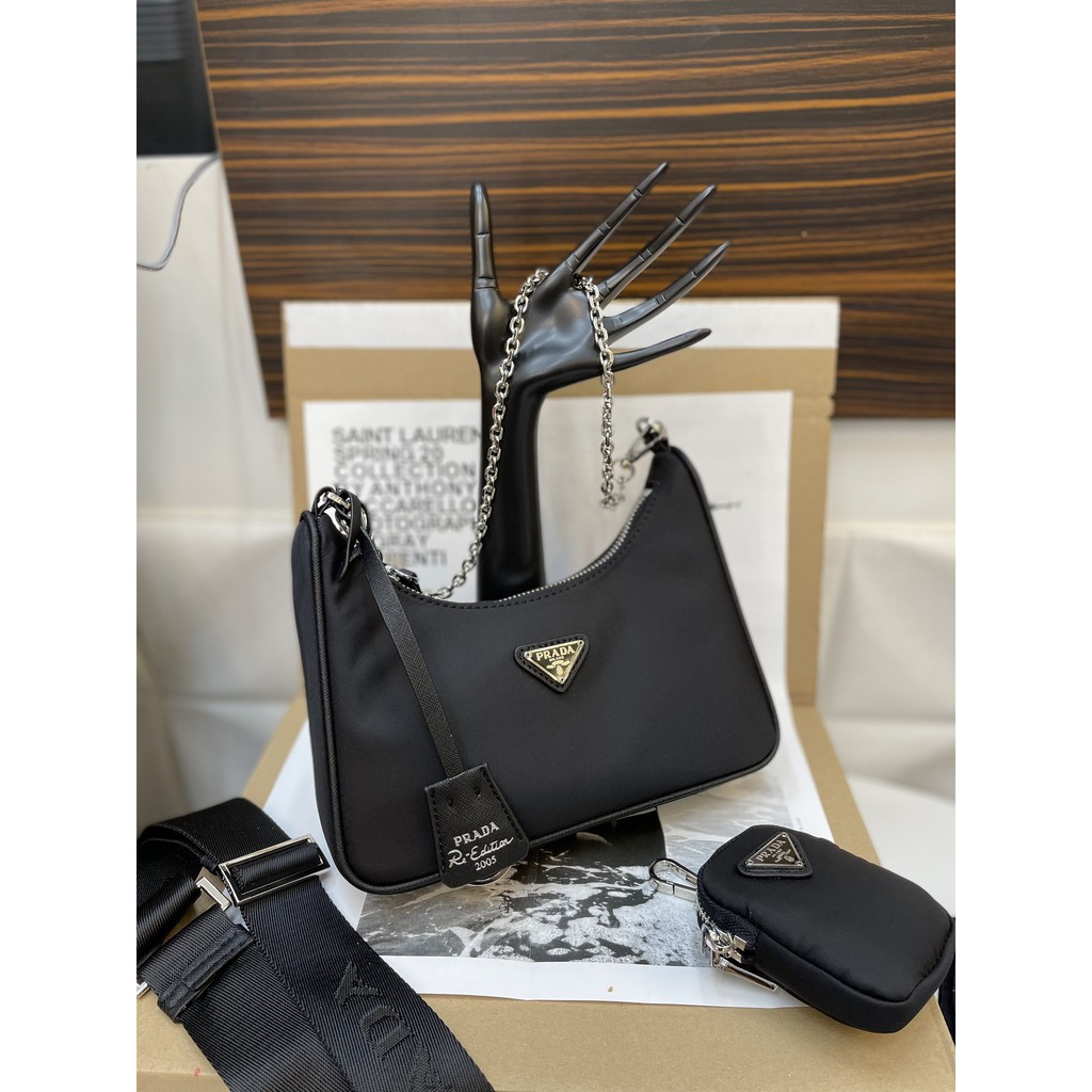 Túi Prada kèm ví vải dù super màu đen size 22cm
