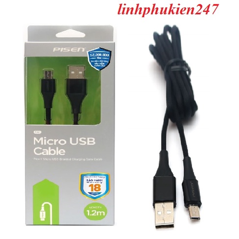 Cáp sạc điện thoại Pisen MU18-1200 Micro USB 2.4A braided 1200m(Anti-break)