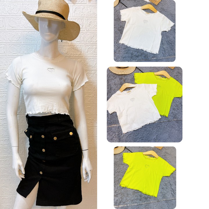 Áo thun croptop ôm body tay ngắn viền có hình trái tim khoét lỗ