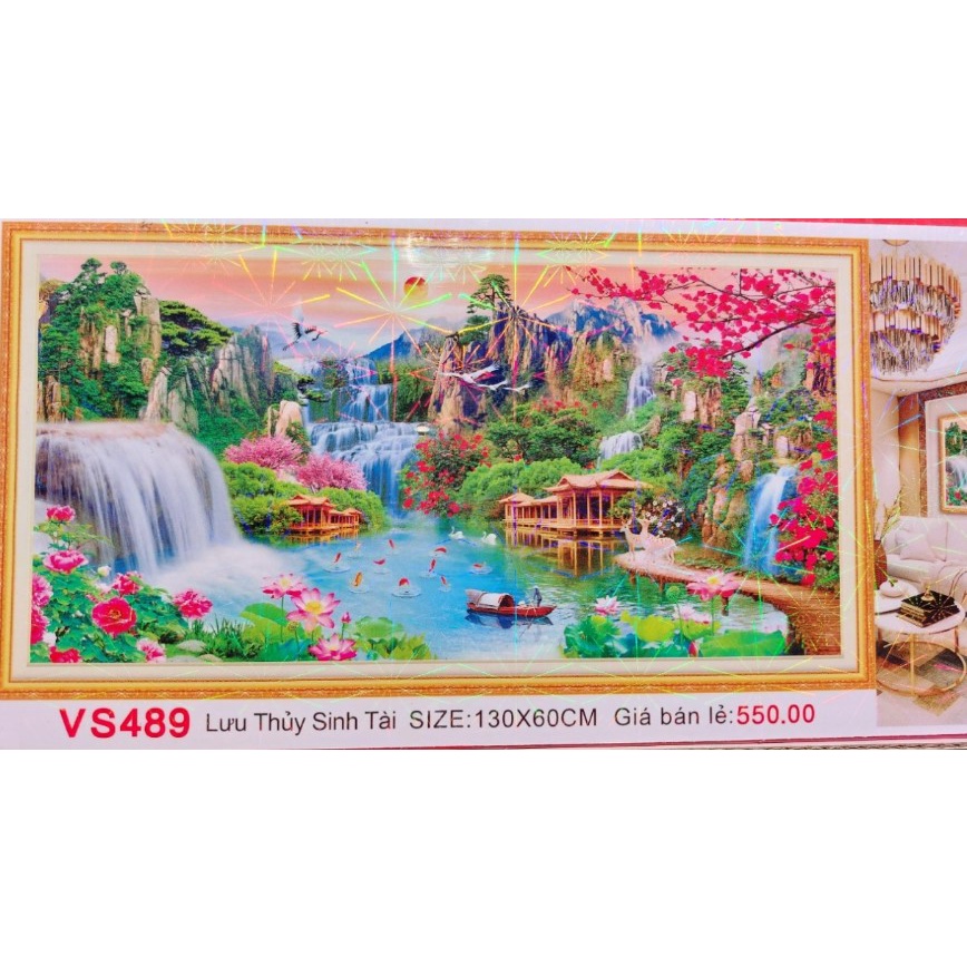 tranh đính đá phong cảnh lưu thủy sinh tài vs489 (130 x60) cm - tranh chưa đính y8271