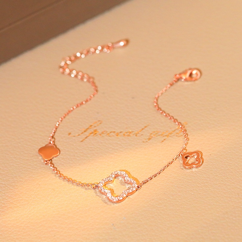 [Jiudolan] Vòng Tay Thép Titan Lên Màu Nhanh Hình Cỏ Bốn Lá Đính Kim Cương Thời Trang Cho Nữ