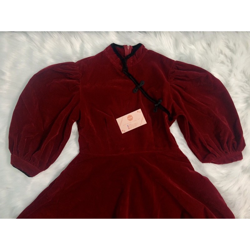 (Ảnh thật váy Noel/Tết) Đầm ulzzang nhung đỏ cổ tàu trung hoa tay bồng 2 lớp mềm mịn dày dặn | BigBuy360 - bigbuy360.vn