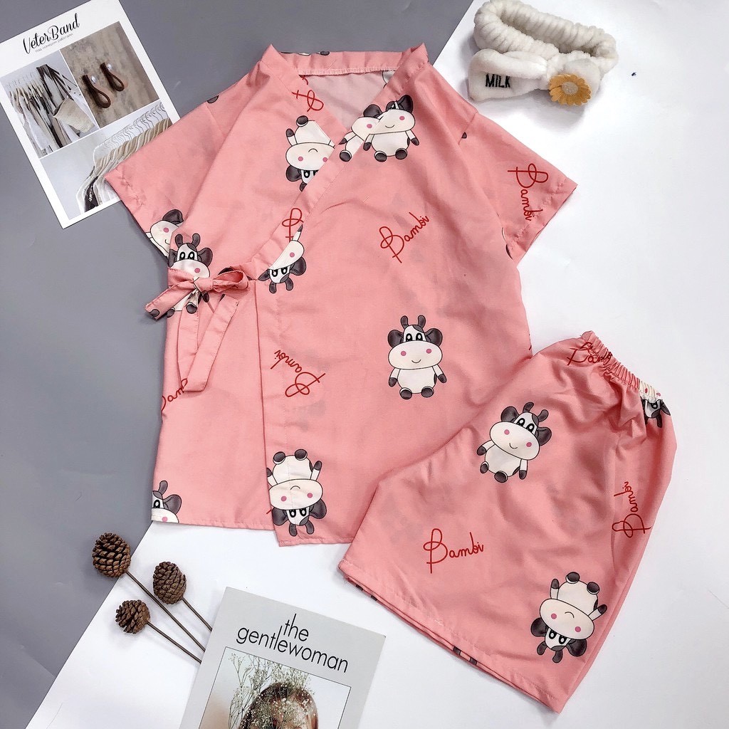 Bộ Kimono Cộc Tay PEONYB Nữ [FREESHIP] 🌸 Set pijama buộc nơ in hình cute, quần áo ngủ mặc ở nhà, mùa hè Ulzzang HOT 🌸