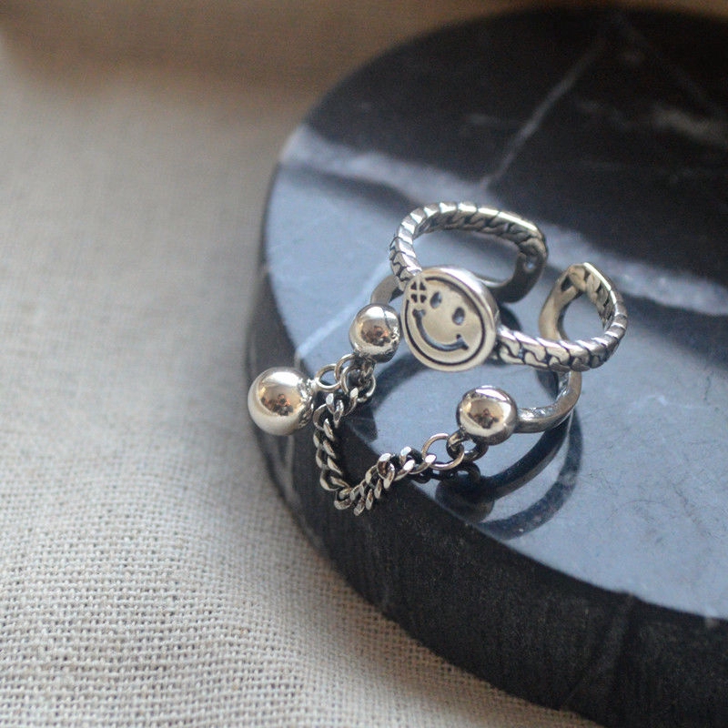 Nhẫn Đôi Hình Mặt Cười Phong Cách Retro Hàn Quốc