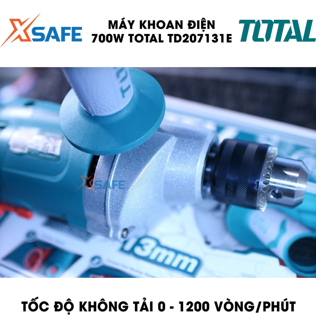 Máy khoan cầm tay TOTAL TD207131E công suất 700w, tốc độ 1200rpm, đầu khoan 1.5-13mm, khả năng khoan sắt 13mm, gỗ 25mm