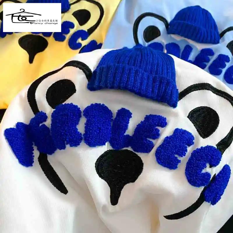 Áo Thun Ngắn Tay Dáng Rộng Thêu Hình Gấu Kiểu Hàn Quốc Thời Trang Mùa Hè Cho Các Cặp Đôi