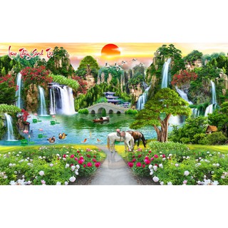 Tranh dán tường 3D lưu thủy sinh tài - tranh 3D sơn thủy trang trí phòng khách - vải lụa - kích thước theo yêu cầu