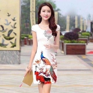 Đầm in 3D chim công nền gấm hoa