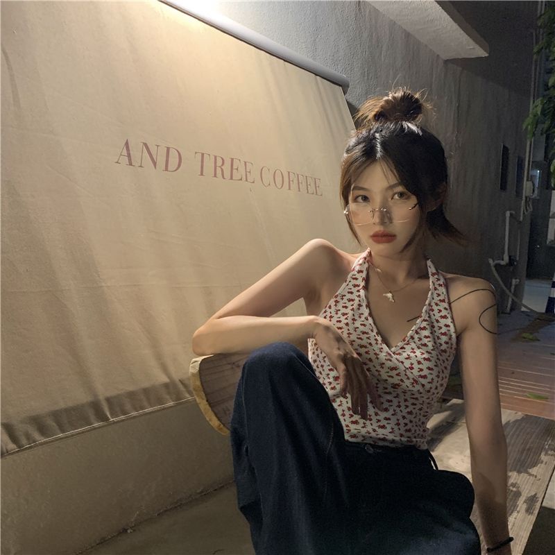 Áo croptop hai dây cổ chữ V in họa tiết hoa thời trang quyến rũ cho nữ