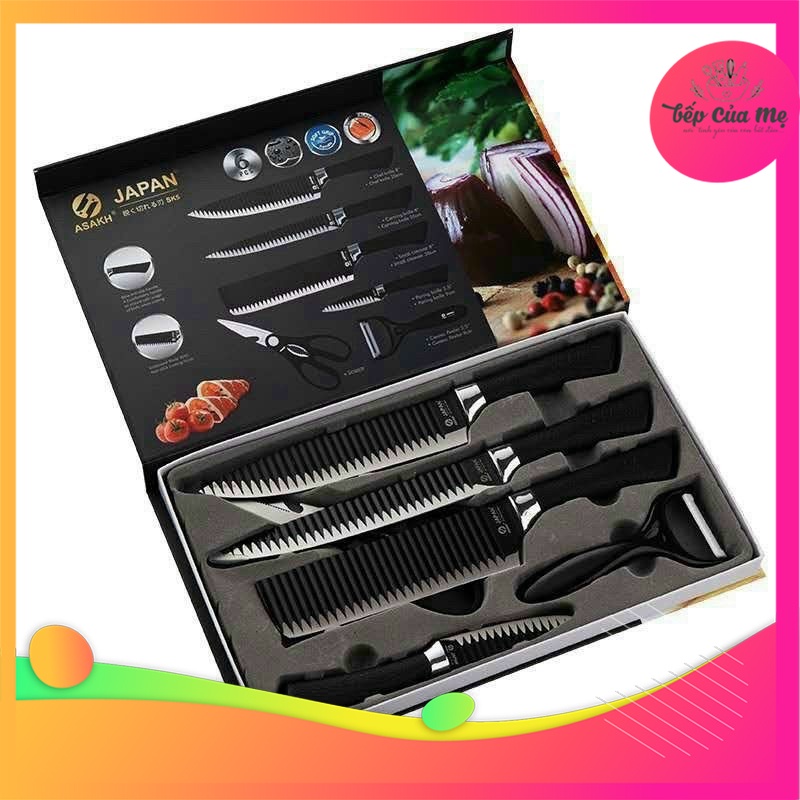 Bộ Dao Nhật Asakh 6 Món Hình Gợn Sóng Cao Cấp - Full Box, Chất Liệu Chống Dính, Chống Gỉ- Hàng Siêu Xịn Xò