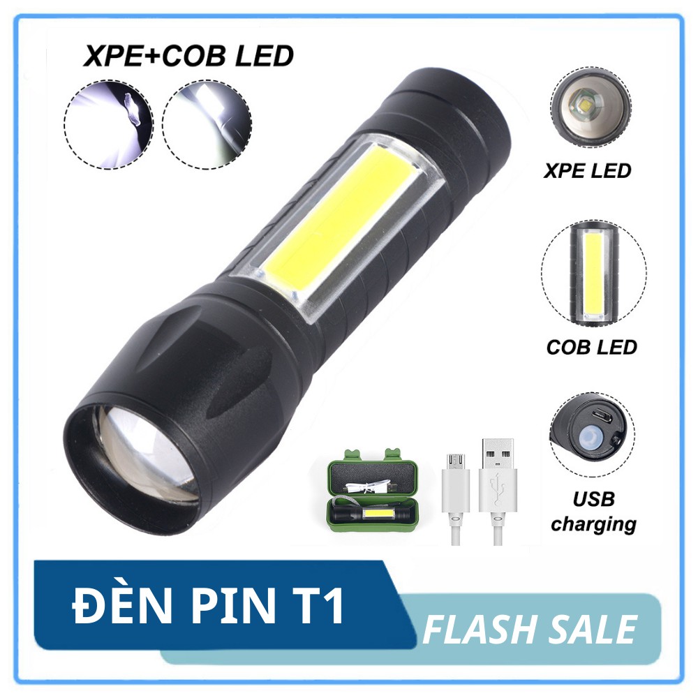 Đèn pin mini siêu sáng T1 3 chế độ sáng, chống nước, kèm hộp + cáp sạc - Đèn pin LED cầm tay mini đa năng- Eland Shop