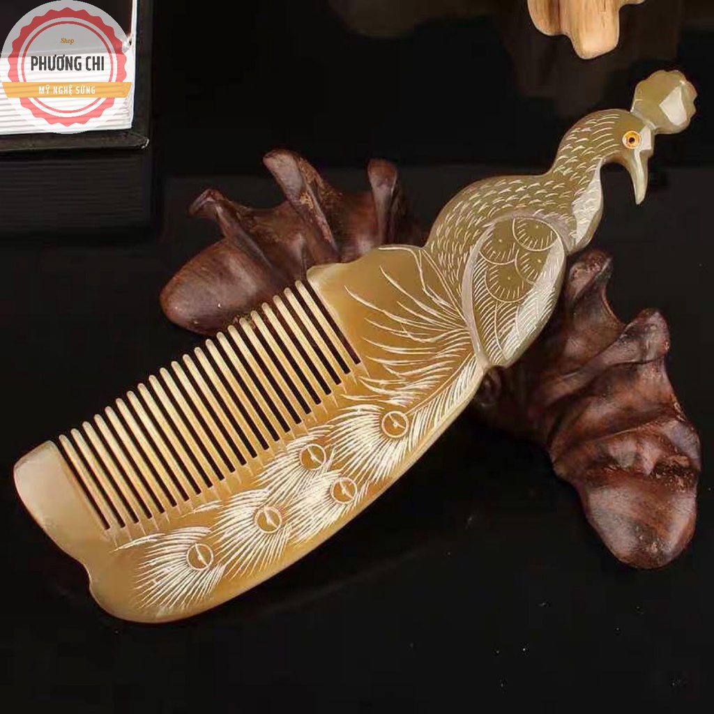 Lược sừng chạm tách hình công tỉ mỉ cao cấp, lược chải tóc gỡ rối massage đầu | Mỹ nghệ phương chi
