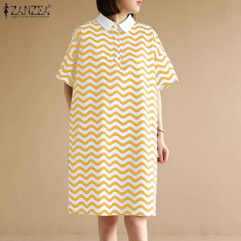 Đầm ZANZEA ngắn tay họa tiết lượn sóng thời trang cho nữ