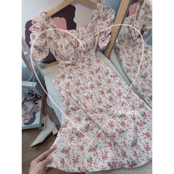 ĐẦM MIDI HOA XẾP NGỰC NÚT BỌC