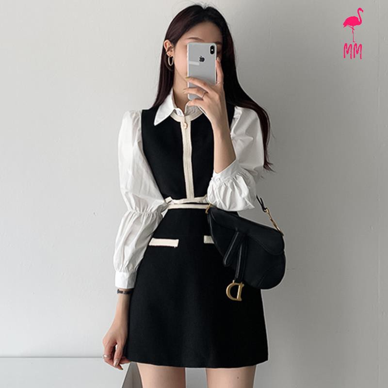 Set Áo Sơ Mi Phối Ghi Lê + Chân Váy Lưng Cao Thời Trang Hàn Cho Nữ