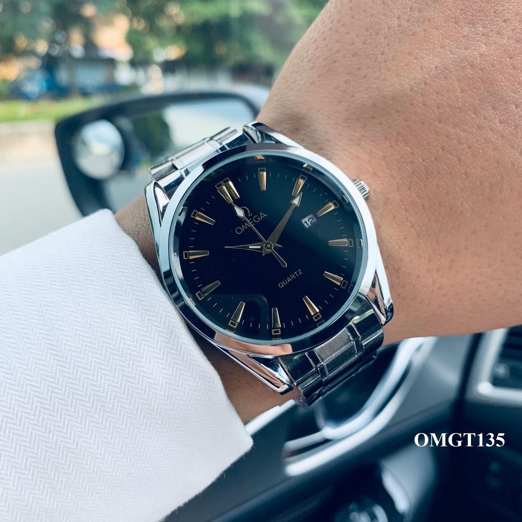 Đồng Hồ Omega Nam Dây Thép Khung Thép Có Lịch Ngày Kính Cong Máy Quartz Sang trọng lịch lãm