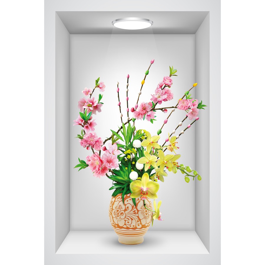 Tranh dán tường VTC ô 3D Bình hoa xuân LoHoaDon-004 kim sa