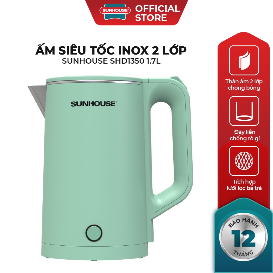 [Mã ELHADEV giảm 4% đơn 300K] Ấm Siêu Tốc Inox 2 Lớp SUNHOUSE SHD1350 Dung Tích 1.7L