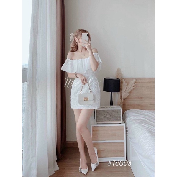 Váy Trễ Vai Bèo Voan Váy Chất Xốp In Hoạ Tiết Nổi Cực Xinh