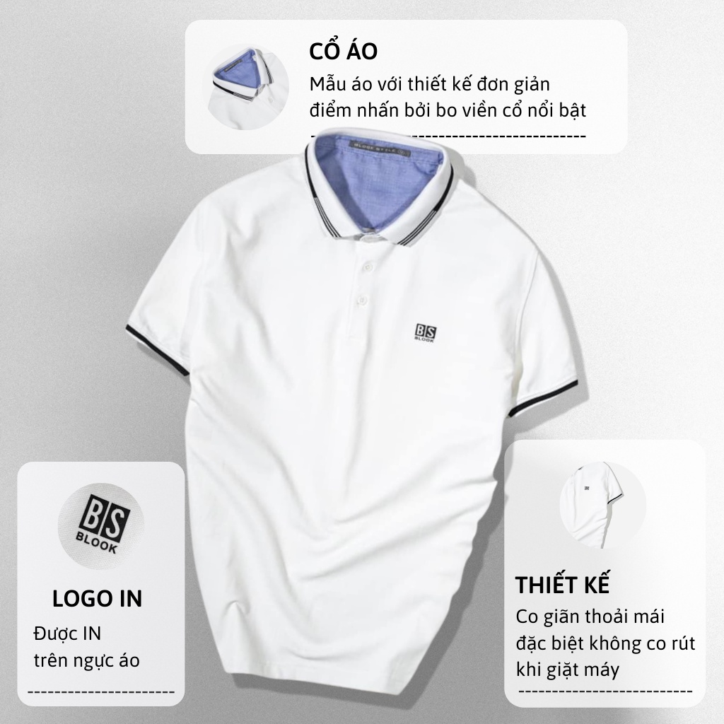 Áo Polo nam Slimfit BLOOK Vải thun cá sấu cotto co giãn 2 màu Trắng và Đen 33372 ( HÌNH THẬT )